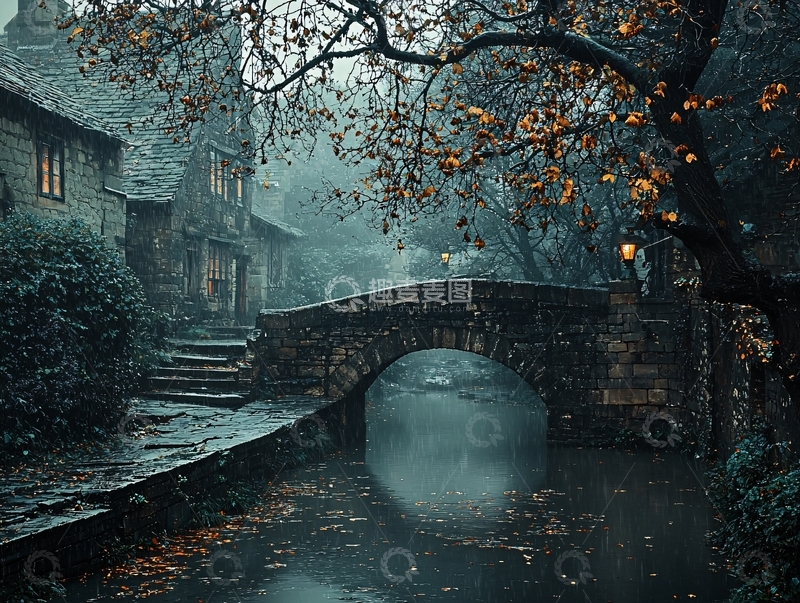 高清大图下载【趣麦麦图】雾气弥漫的古桥小镇
