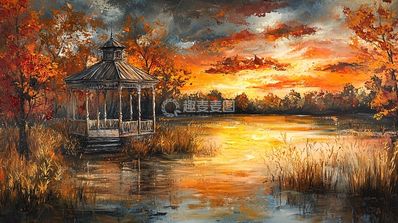 高清大图下载【趣麦麦图】秋日湖边凉亭落日