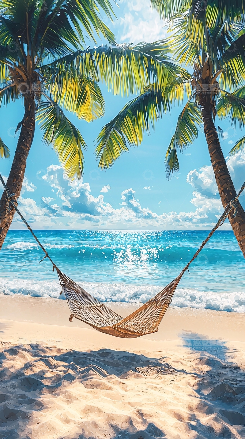 高清大图下载【趣麦麦图】阳光沙滩上的吊床