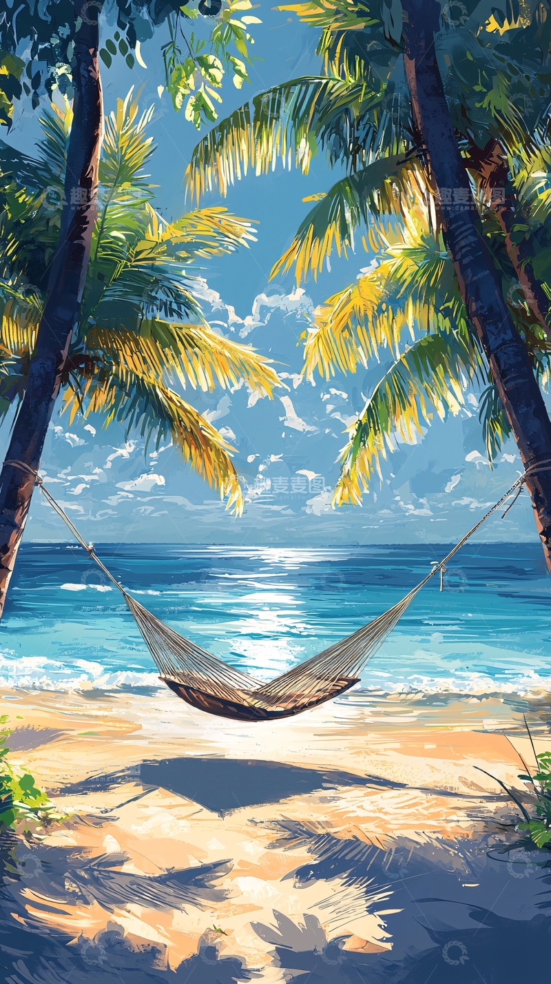 高清大图下载【趣麦麦图】海滩吊床椰树风景画