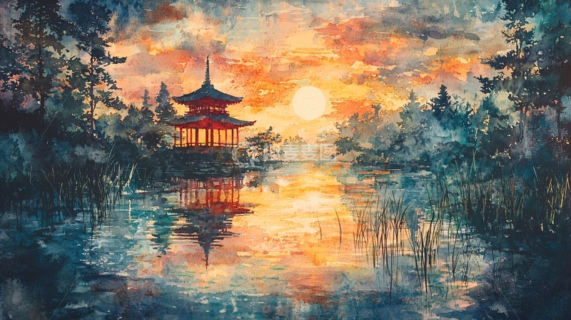 高清大图下载【趣麦麦图】水面寺庙日落美景