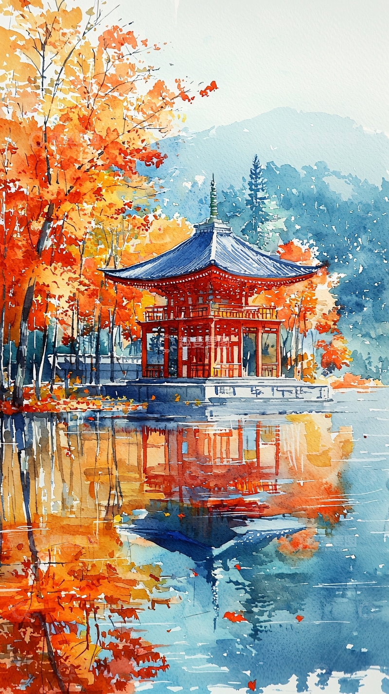 高清大图下载【趣麦麦图】秋景红亭倒影