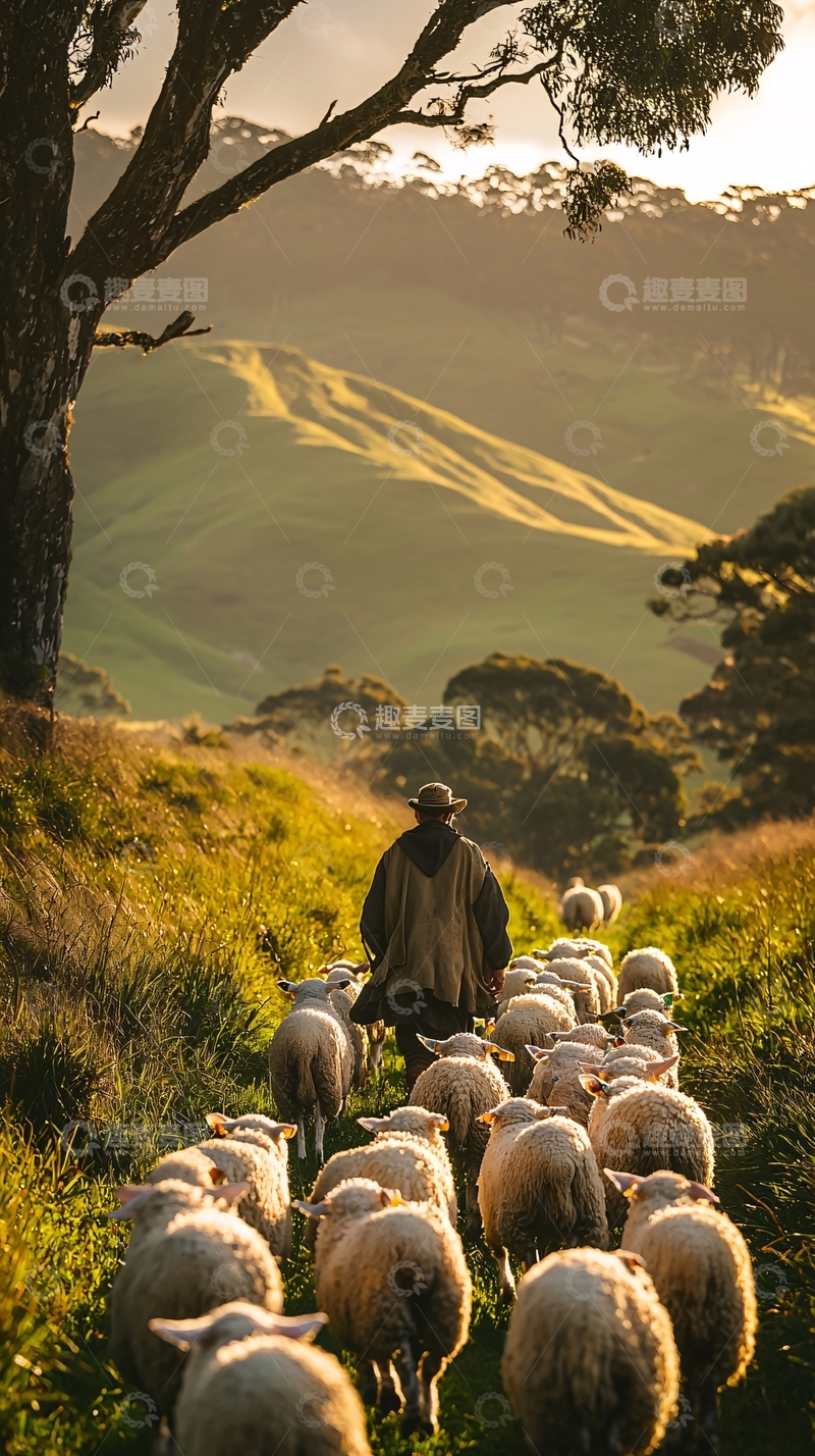 高清大图下载【趣麦麦图】牧羊人赶羊群下山