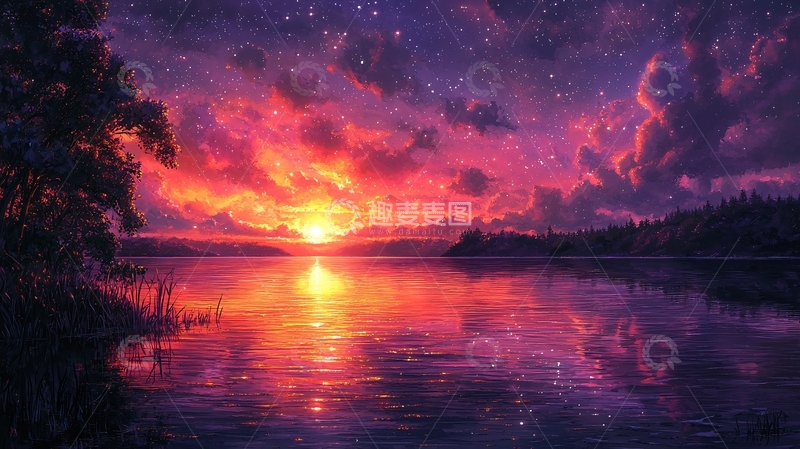 高清大图下载【趣麦麦图】梦幻星空下的湖边日落