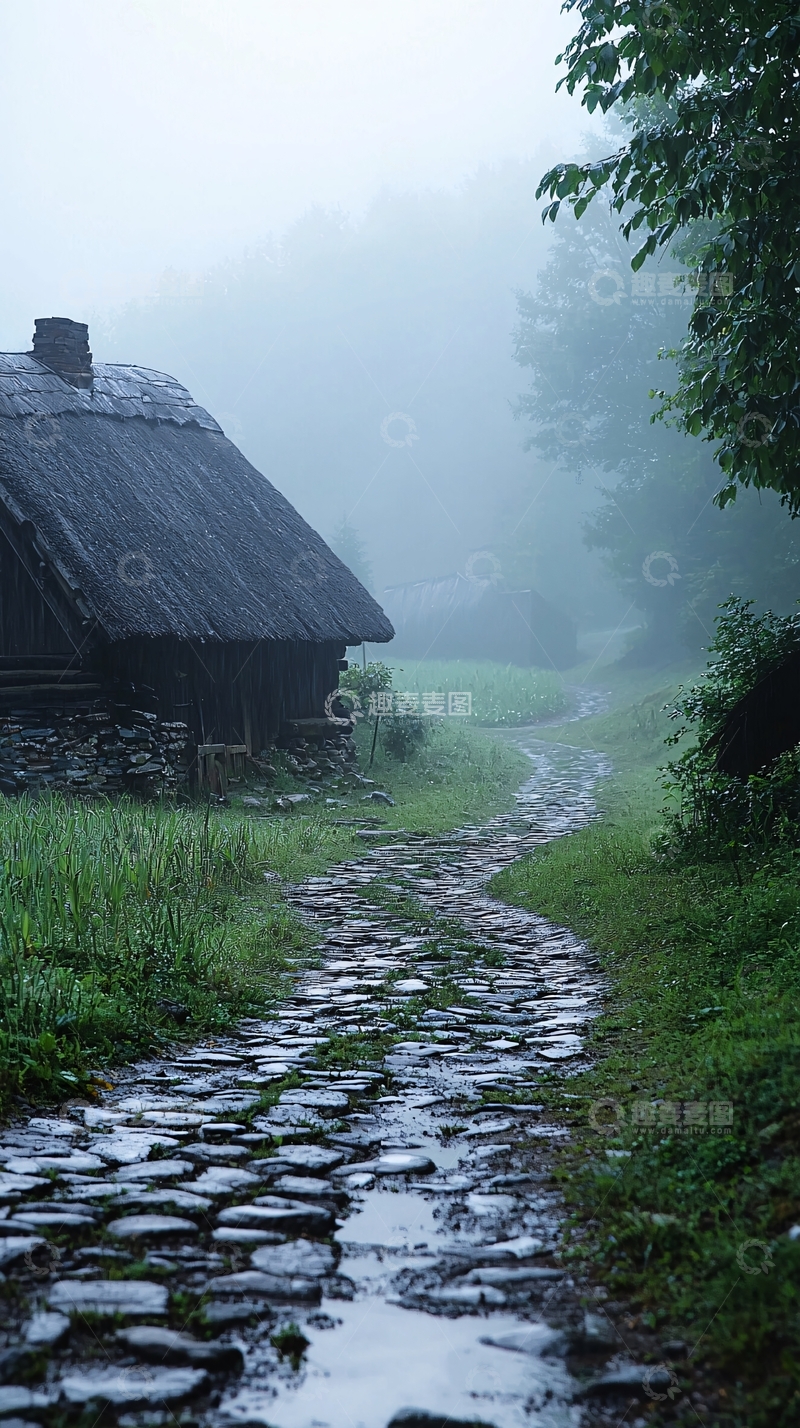 高清大图下载【趣麦麦图】雾气弥漫的乡村小屋