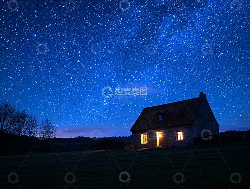 高清大图下载【趣麦麦图】乡村小屋的星空夜景