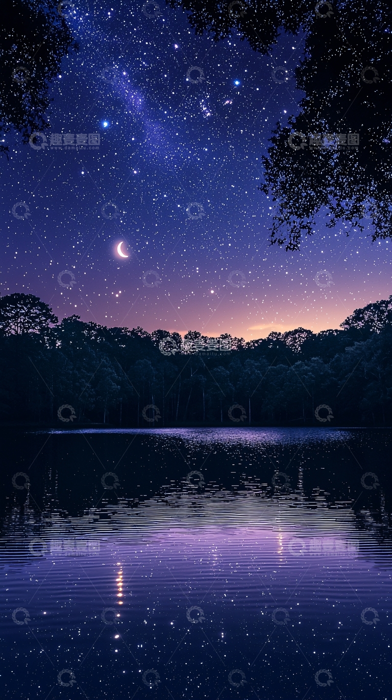 高清大图下载【趣麦麦图】湖面星空月亮夜景唯美