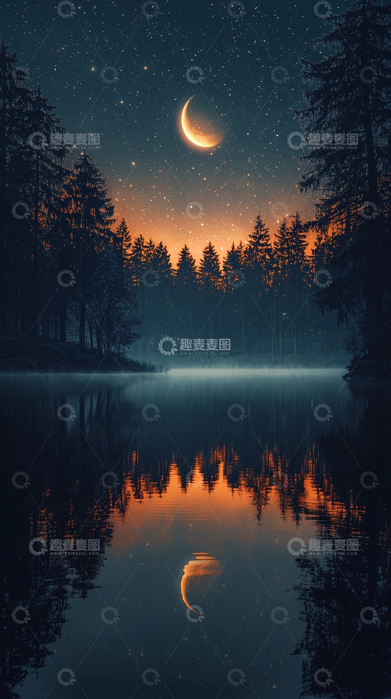 高清大图下载【趣麦麦图】宁静夜空下的湖面倒影