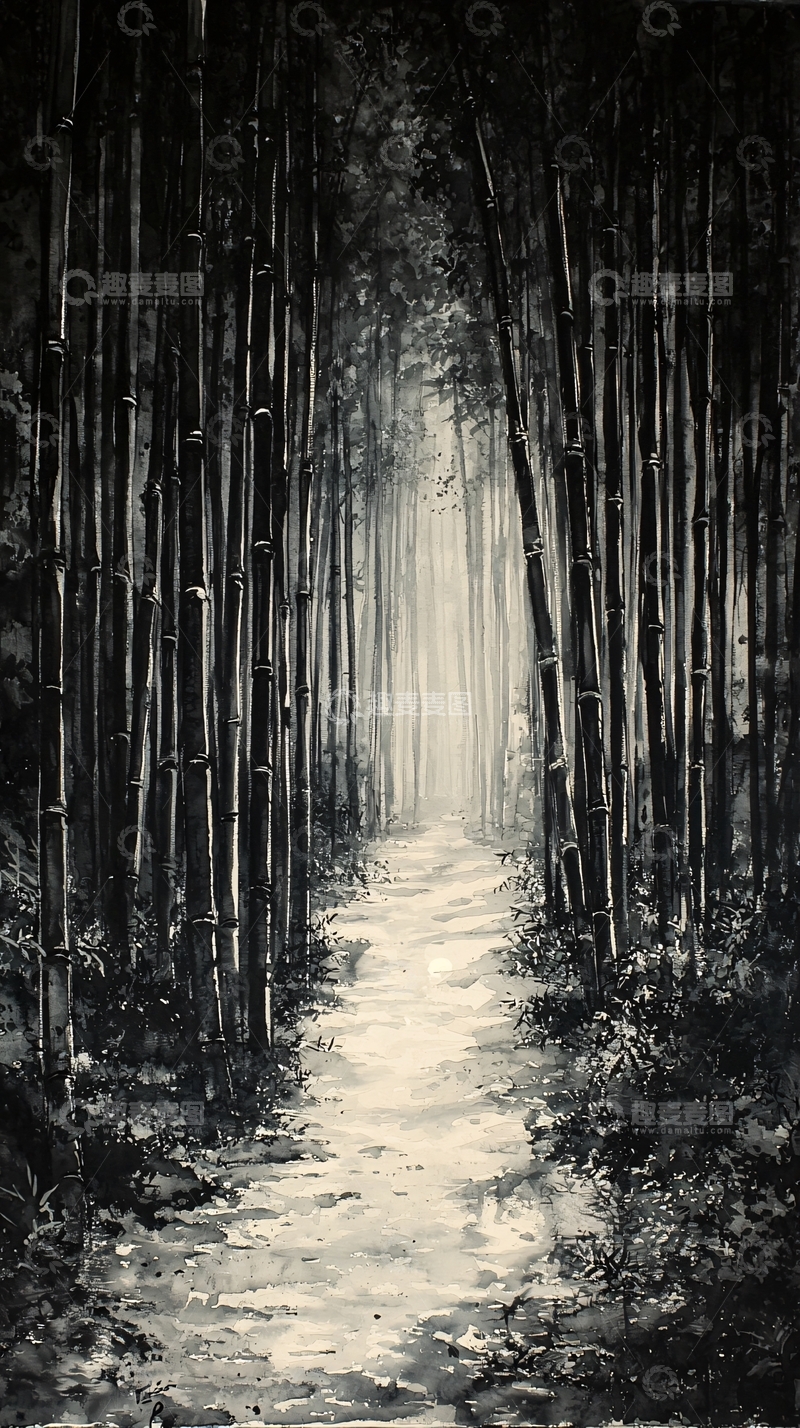 高清大图下载【趣麦麦图】竹林小径的黑白水墨画