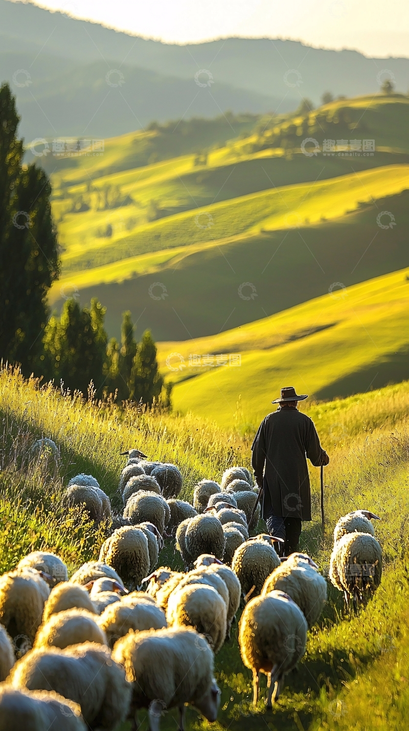 高清大图下载【趣麦麦图】牧羊人赶羊群下山