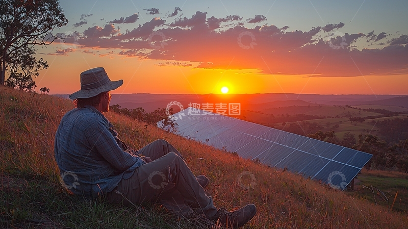 高清大图下载【趣麦麦图】日落时分观赏太阳能电池板