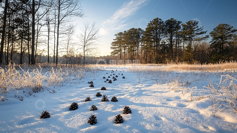 高清大图下载【趣麦麦图】冬日雪地松果小路