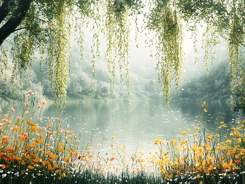 高清大图下载【趣麦麦图】湖畔垂柳鲜花美景