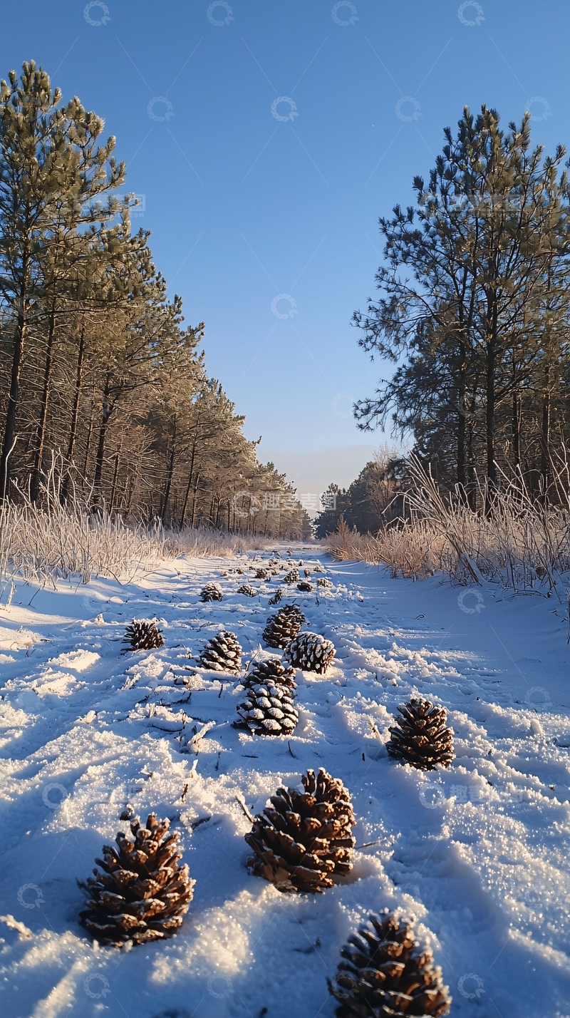 高清大图下载【趣麦麦图】冬日松树林雪地松果
