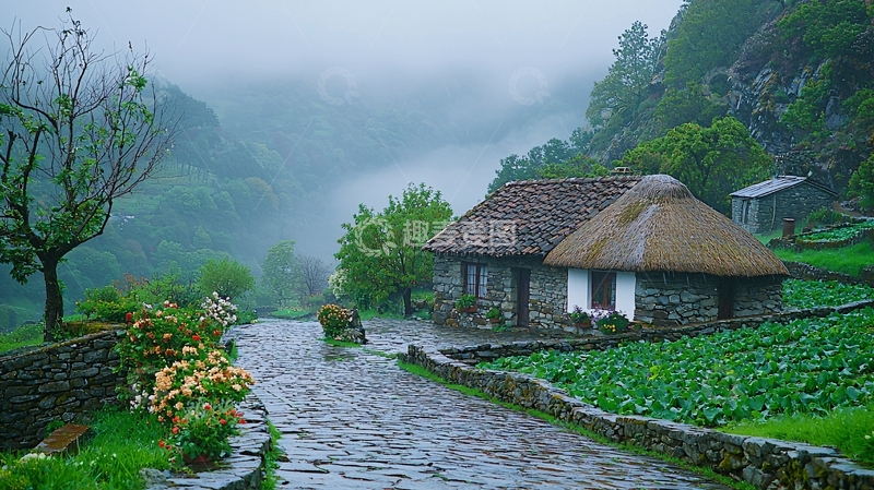 高清大图下载【趣麦麦图】雨雾山村石板路