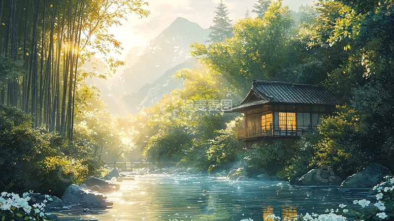 高清大图下载【趣麦麦图】清晨阳光下的日式小屋