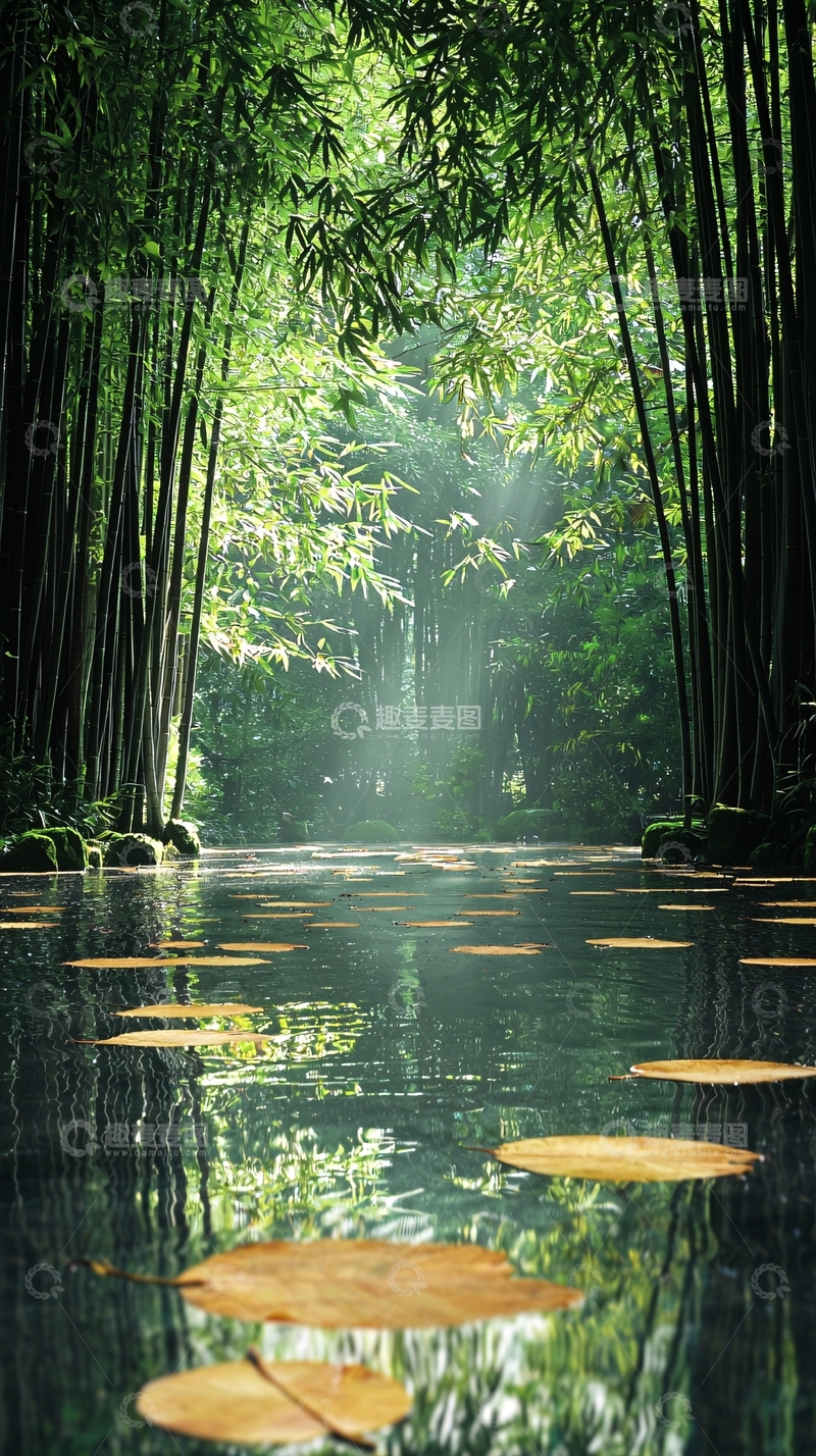 高清大图下载【趣麦麦图】竹林小溪光线风景如画