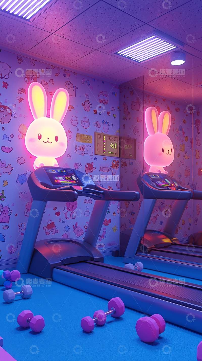 高清大图下载【趣麦麦图】粉色兔子健身房