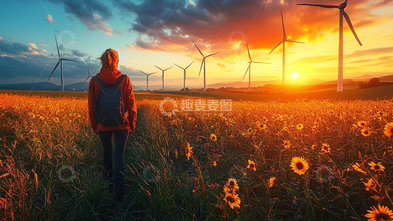 高清大图下载【趣麦麦图】夕阳下向日葵田野风力发电机