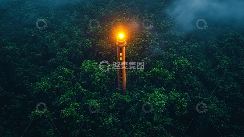 高清大图下载【趣麦麦图】雾中森林高塔灯火