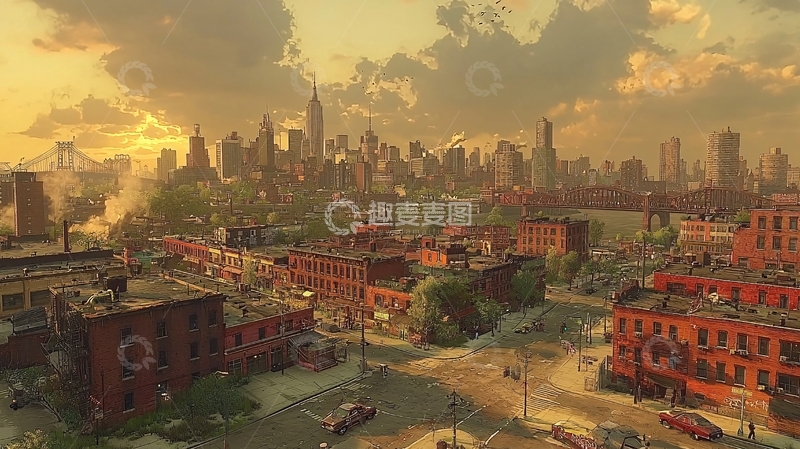 高清大图下载【趣麦麦图】日落时分的工业城市景观