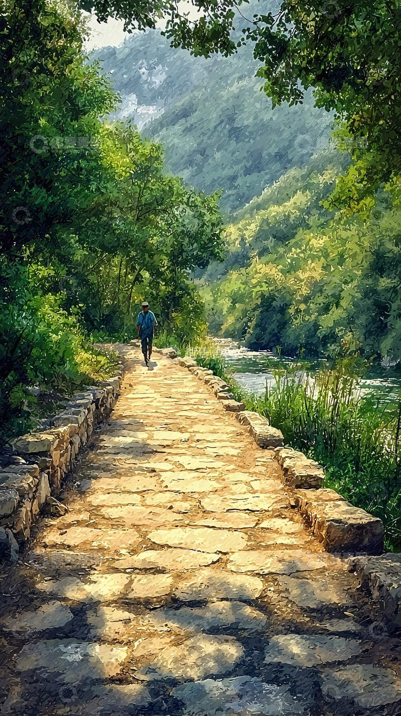 高清大图下载【趣麦麦图】绿荫小道上独自行走的人