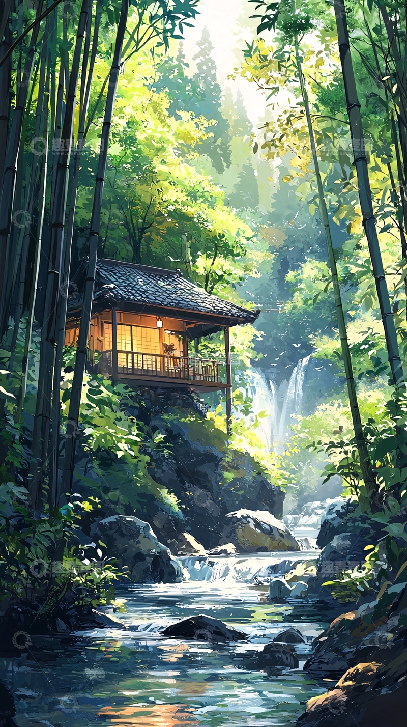 高清大图下载【趣麦麦图】林中日式小屋与瀑布