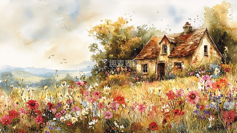 高清大图下载【趣麦麦图】田园小屋风景水彩画
