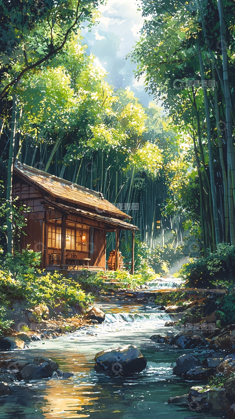 高清大图下载【趣麦麦图】竹林小屋溪流