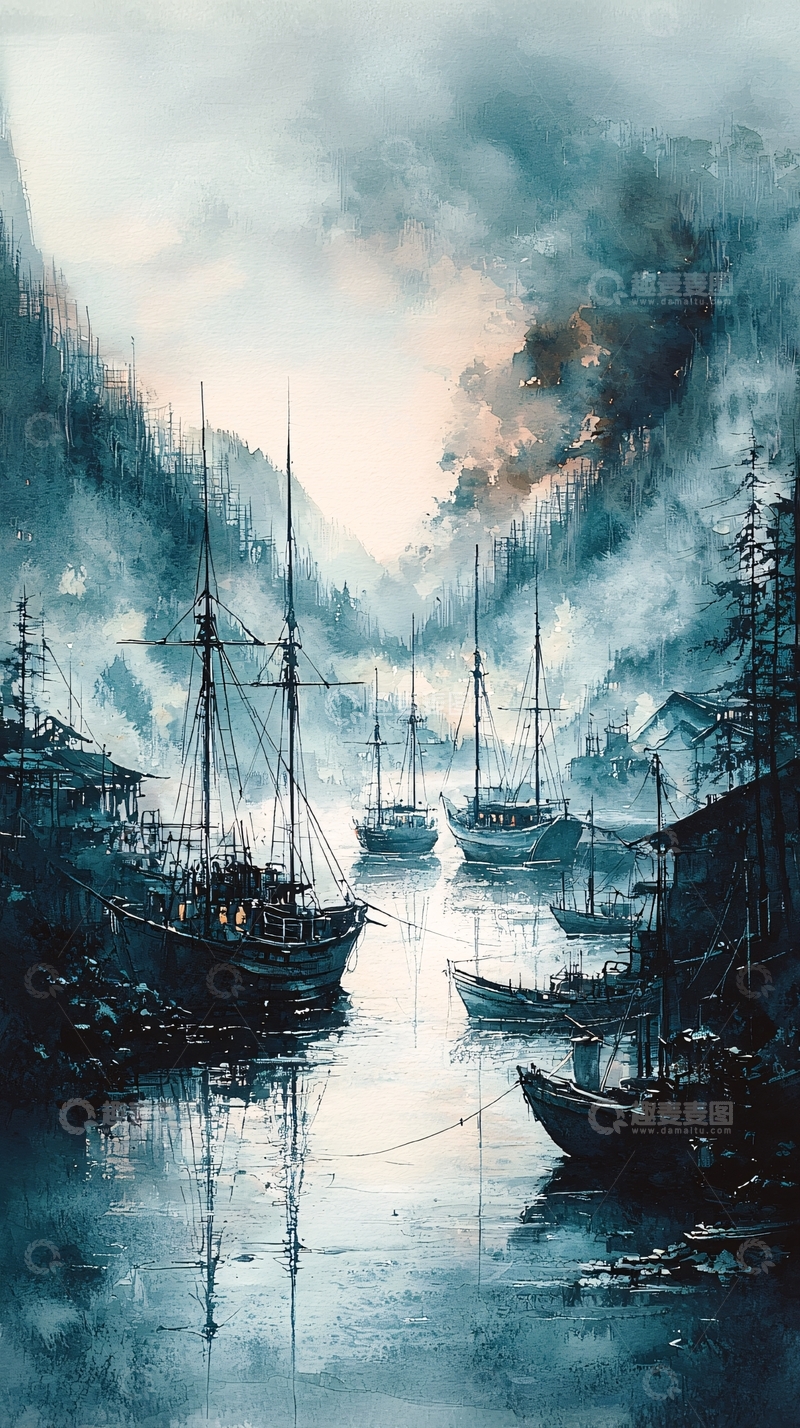 高清大图下载【趣麦麦图】宁静港湾清晨薄雾