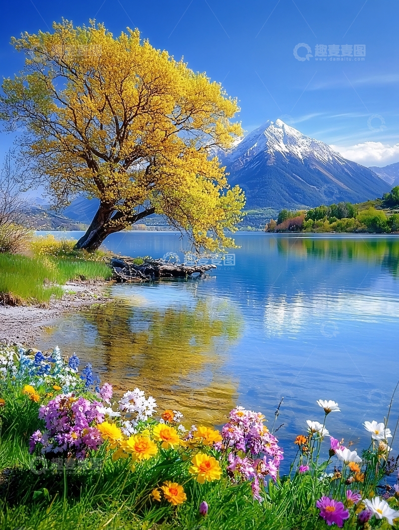 高清大图下载【趣麦麦图】秋日湖边金黄树木