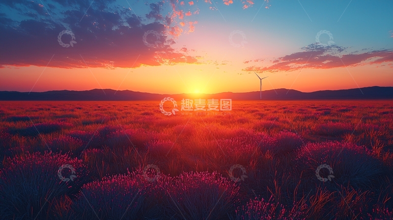 高清大图下载【趣麦麦图】壮丽日落下的紫色草原