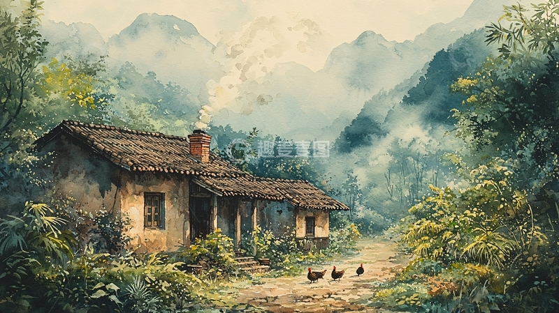 高清大图下载【趣麦麦图】山间小屋水彩画意境