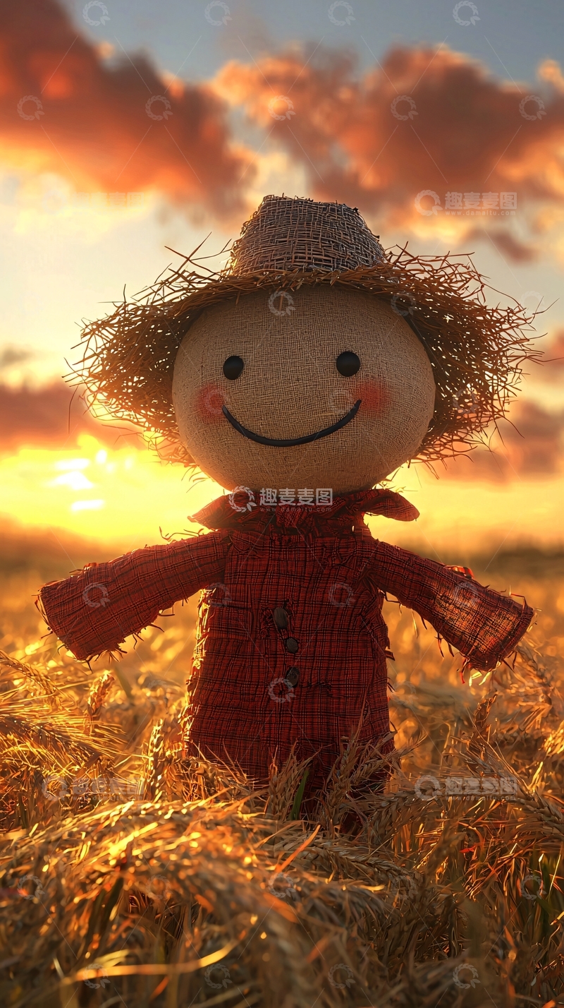 高清大图下载【趣麦麦图】稻草人站在麦田里