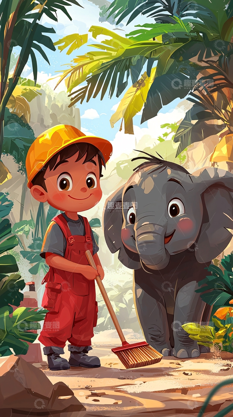 高清大图下载【趣麦麦图】男孩和大象在丛林