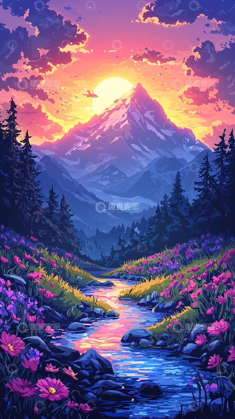 高清大图下载【趣麦麦图】日出雪山花海溪流