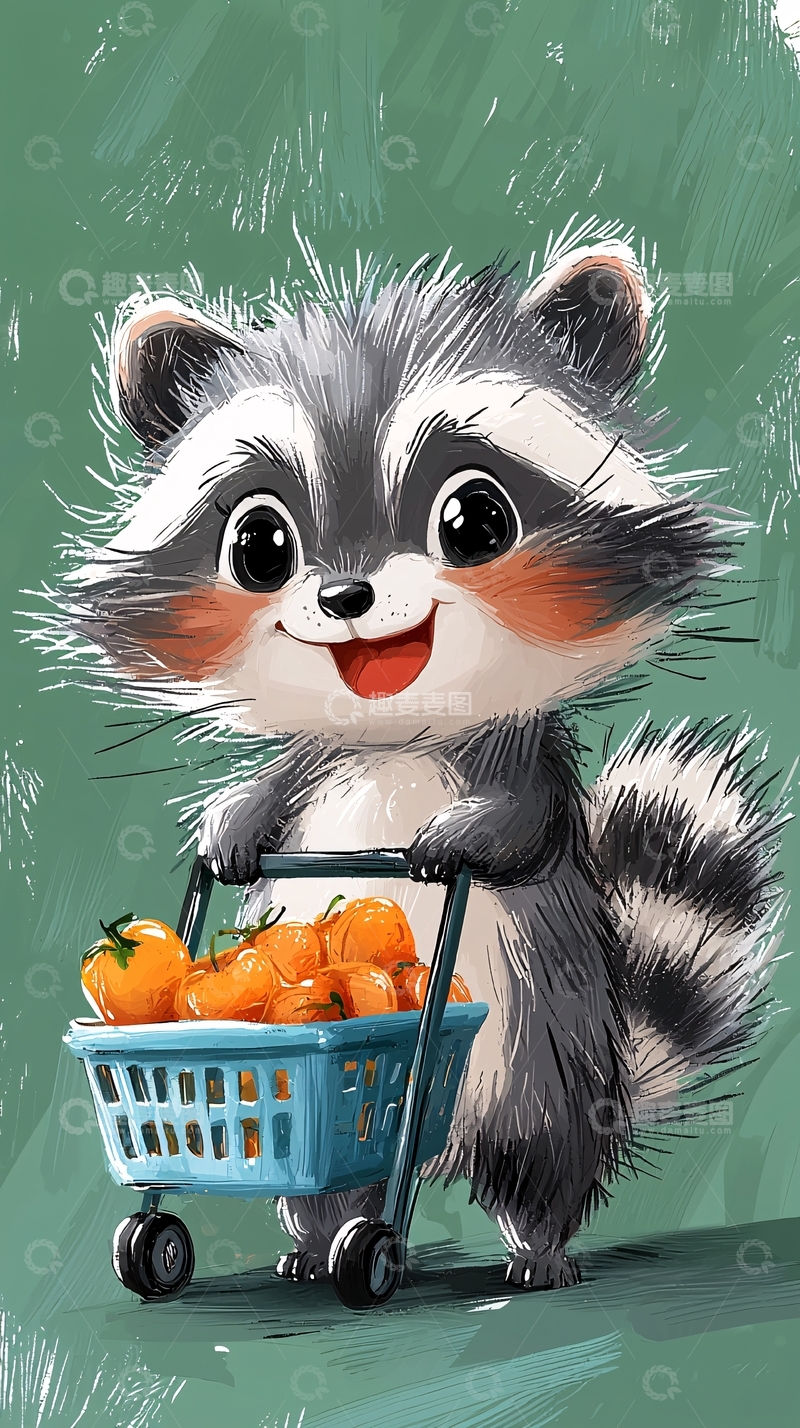 高清大图下载【趣麦麦图】可爱浣熊推着装满水果的购物车