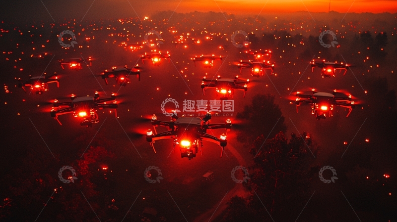 高清大图下载【趣麦麦图】红色天空下的无人机群