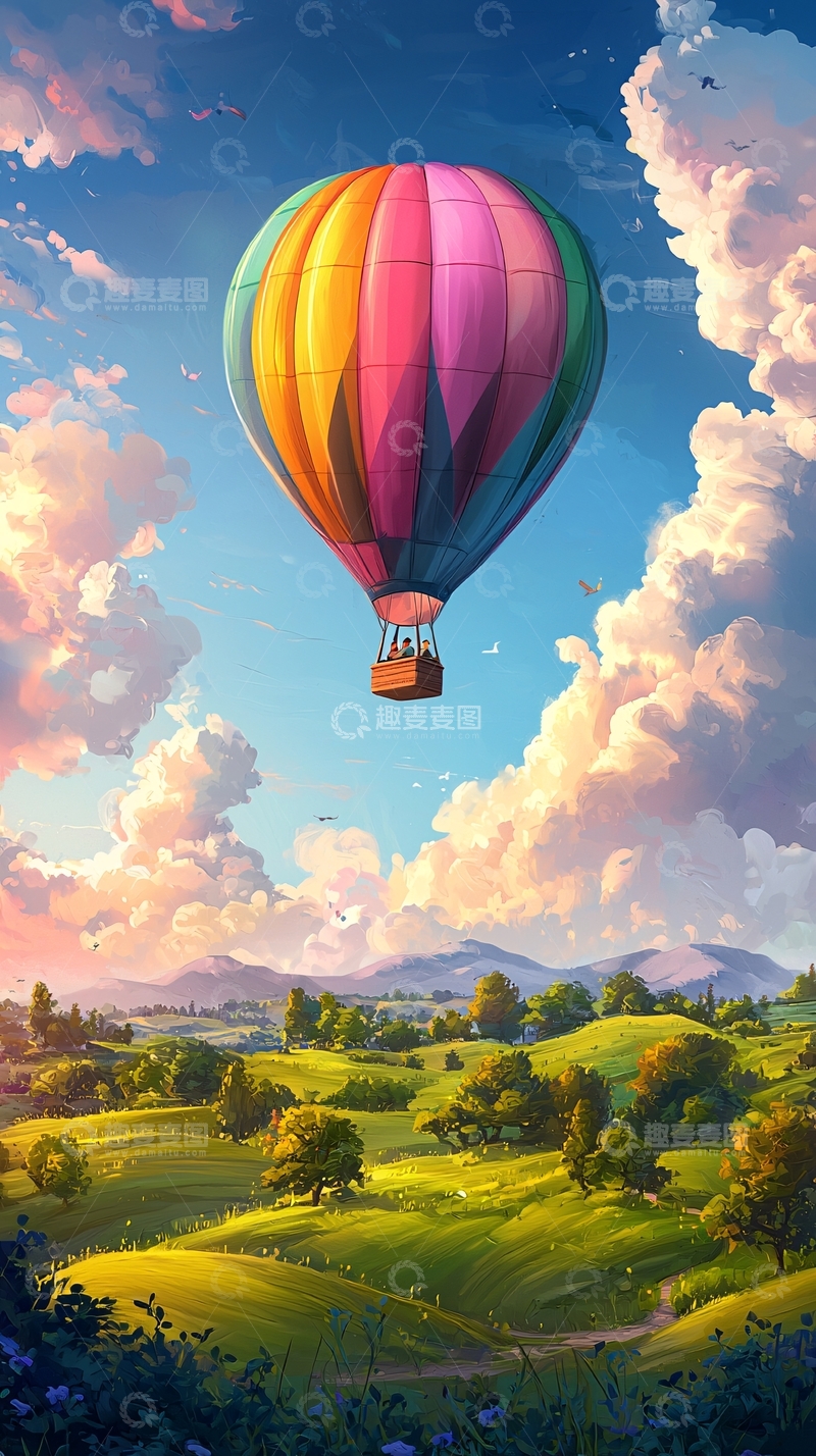 高清大图下载【趣麦麦图】彩色热气球风景画