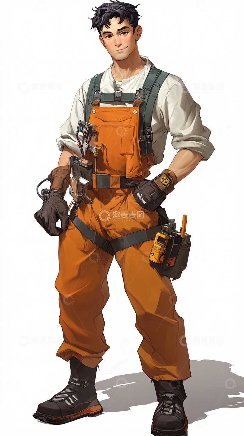 高清大图下载【趣麦麦图】穿着橙色工作服的年轻修理工