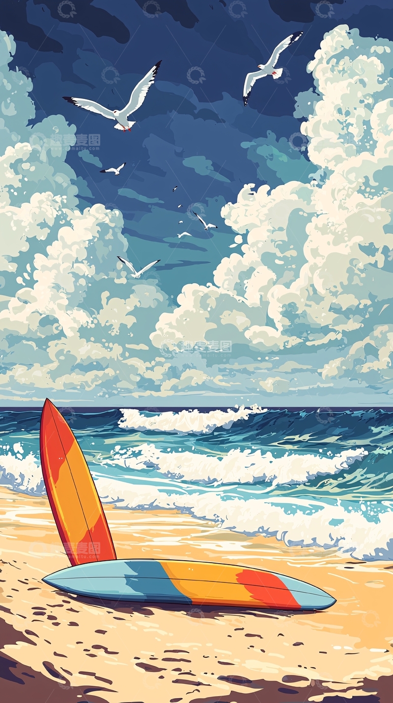 高清大图下载【趣麦麦图】海滩冲浪板风景画