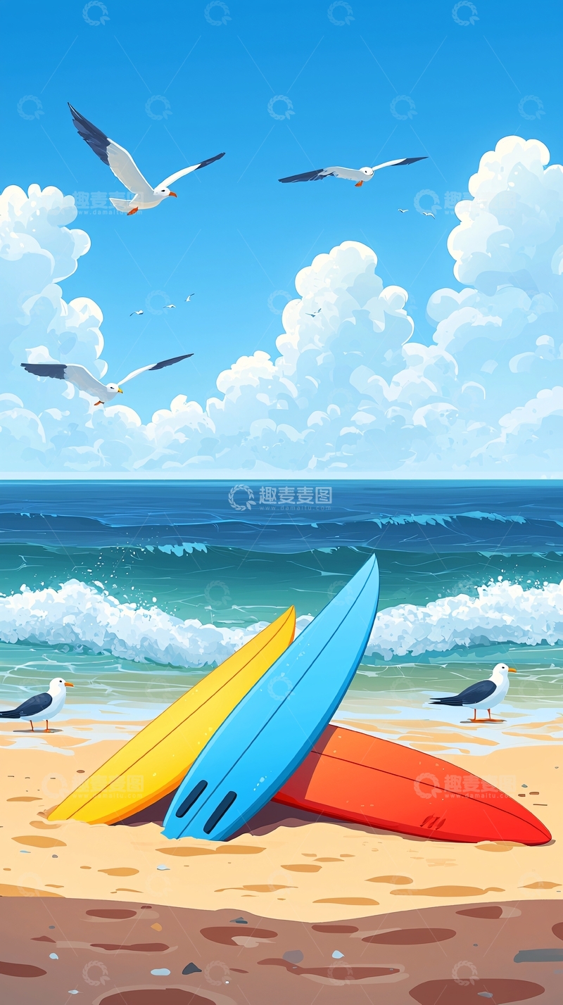 高清大图下载【趣麦麦图】卡通海滩冲浪板与海鸥