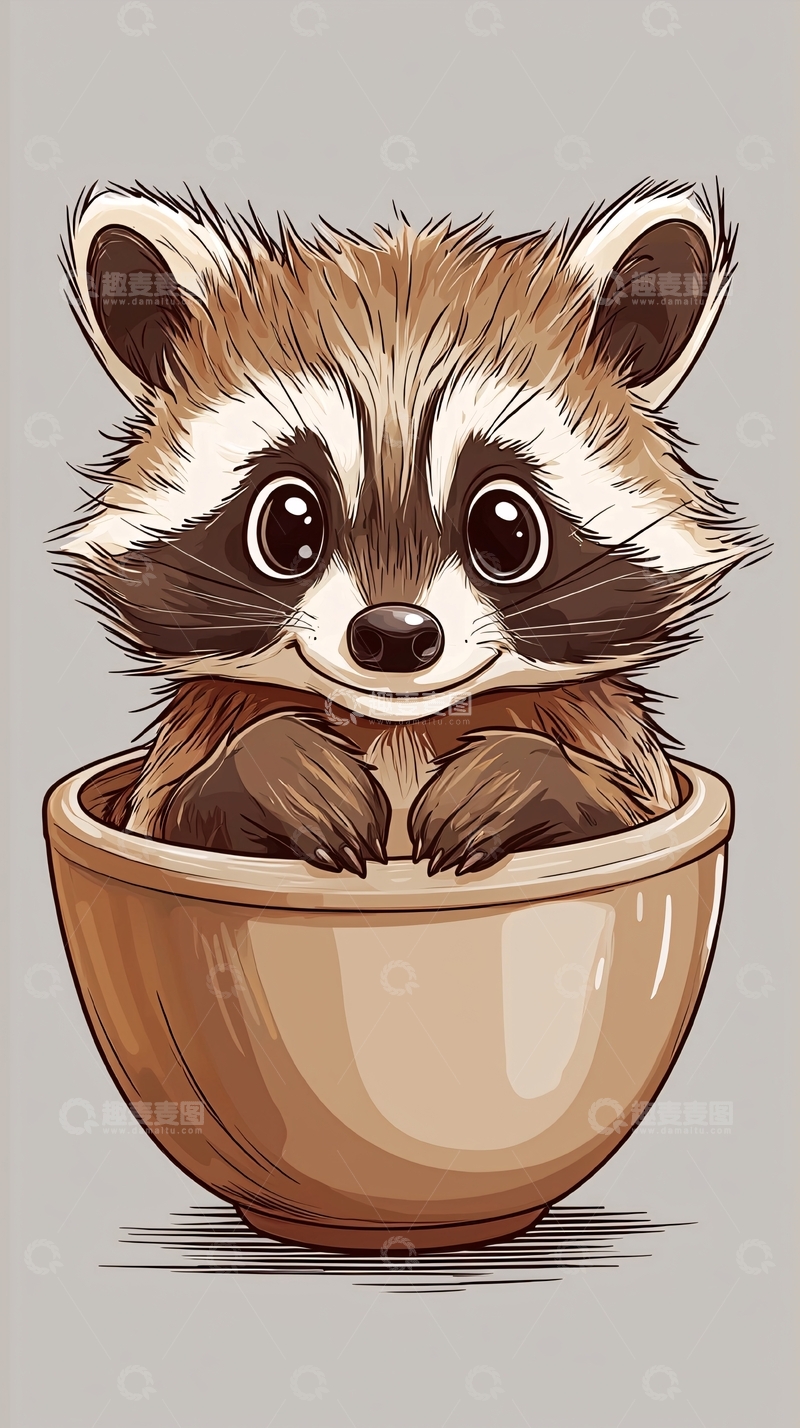 高清大图下载【趣麦麦图】可爱浣熊宝宝在碗里