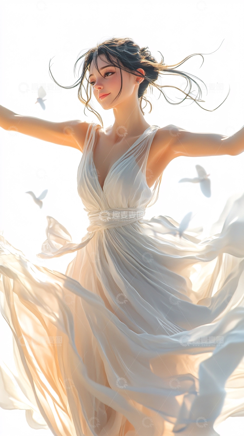 高清大图下载【趣麦麦图】白裙飘逸少女