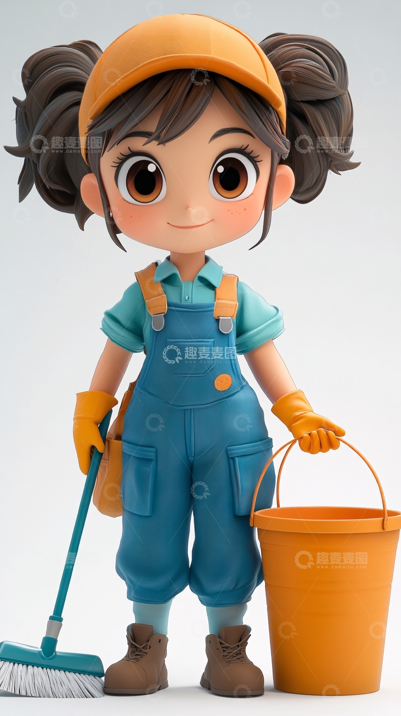 高清大图下载【趣麦麦图】可爱卡通清洁小女孩