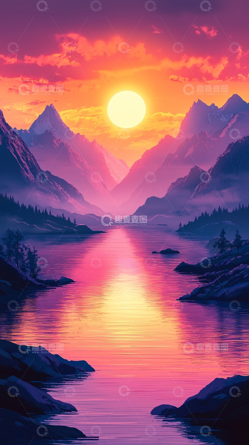高清大图下载【趣麦麦图】日落山川湖泊景色