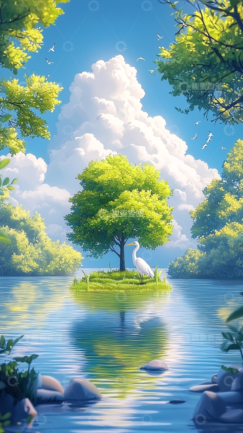 高清大图下载【趣麦麦图】宁静湖中小岛一棵树