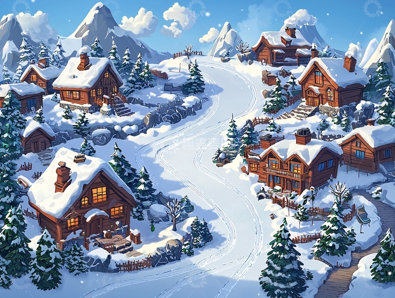 高清大图下载【趣麦麦图】雪山木屋村庄