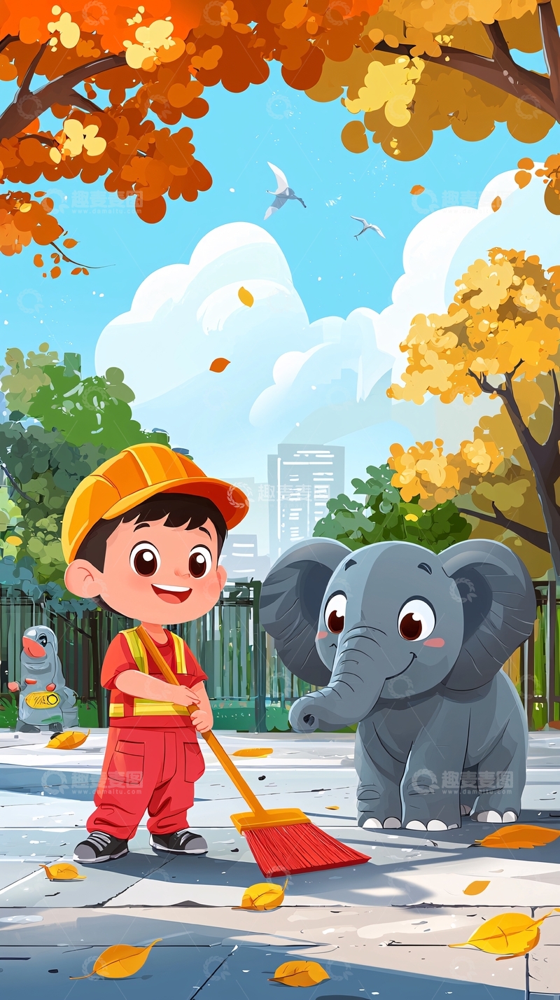 高清大图下载【趣麦麦图】卡通男孩与小象秋日扫落叶