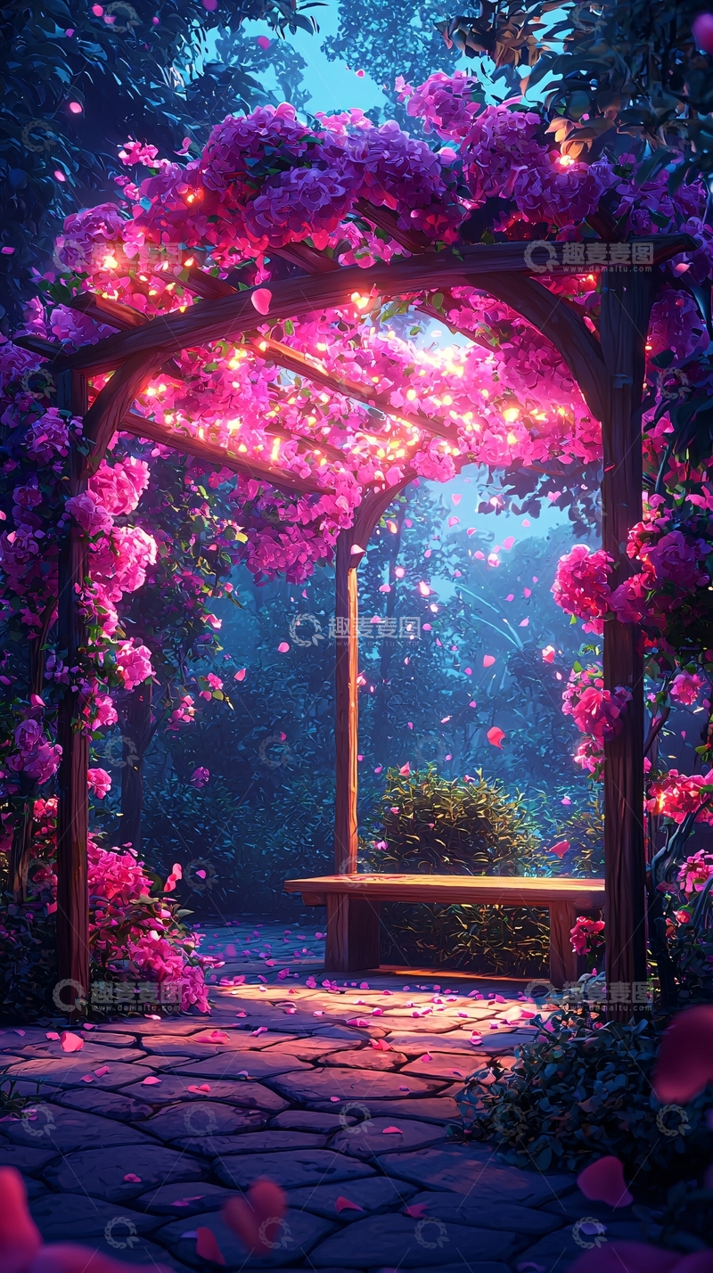 高清大图下载【趣麦麦图】梦幻紫粉色花藤长廊